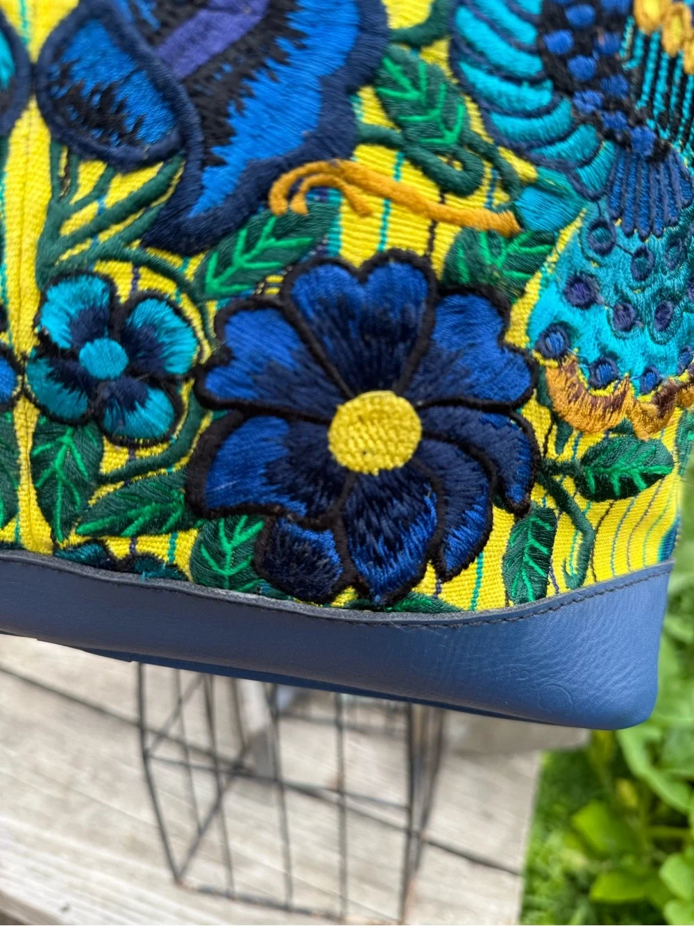 Embroidered Floral Shoulder Bag - Blue & Yellow